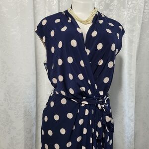 Eliza J. Women's Polka Dot Wrap Midi Dress Sz 14 Navy Blue Classic Elegant